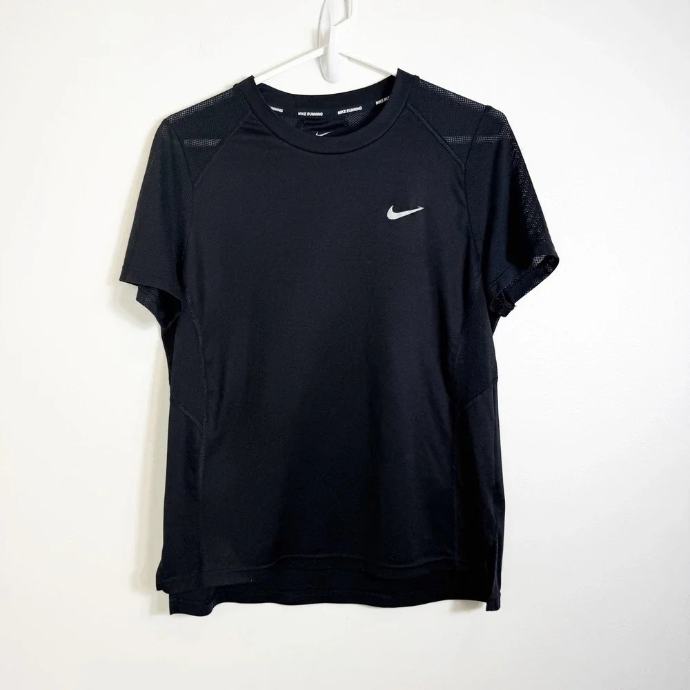 Nike Running Shirt Women Large Black Dri-FIT Mesh Panel Short Sleeve 932499-010